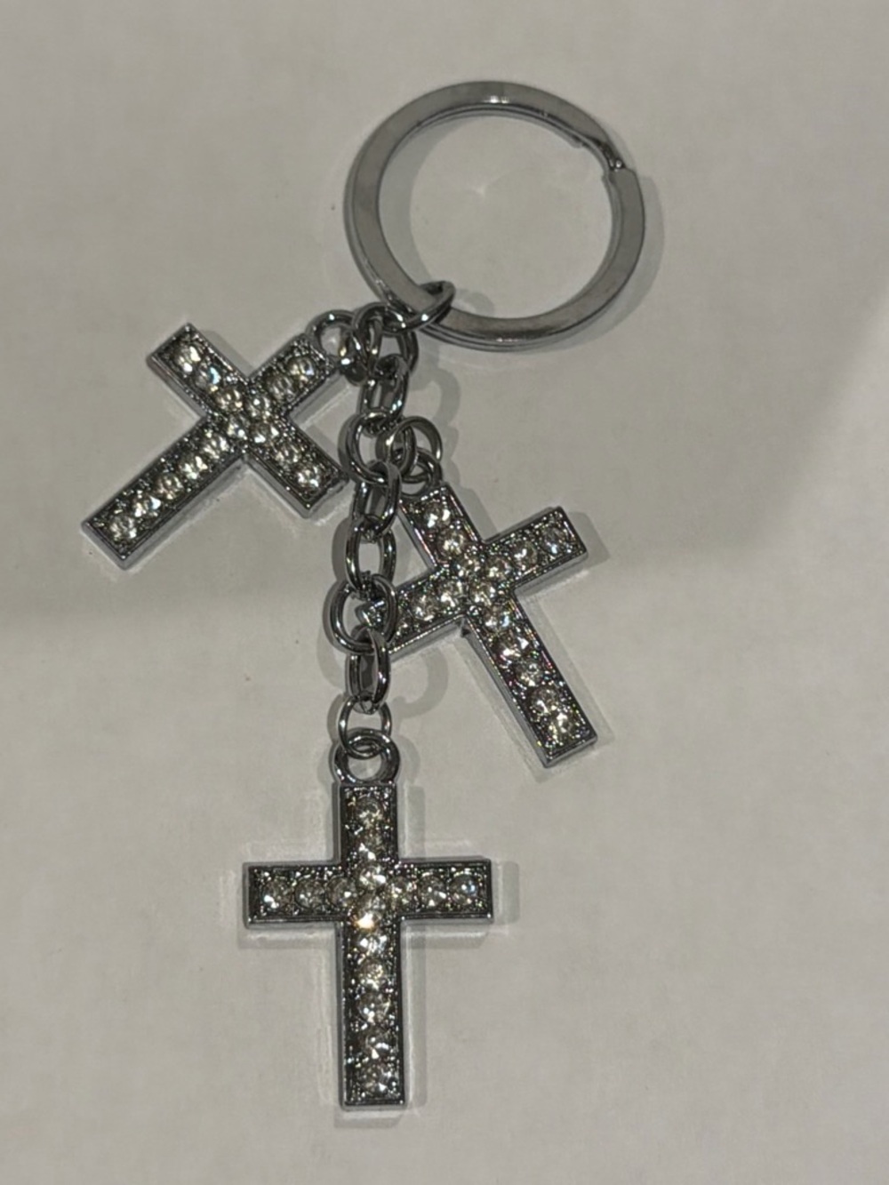 Rhinestone Cross Charm Keyring - Silver